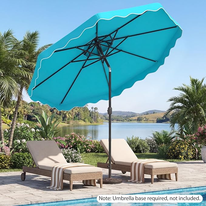 Happygrill 10 FT Patio Umbrella, Scalloped Outdoor Table Market Umbrella with Push Button Tilt & Crank, 2-Tier Vented Top, Heavy-Duty 8 Metal Ribs, Sun-Protective Canopy, Ruffle for Deck Pool Garden (Turquoise)