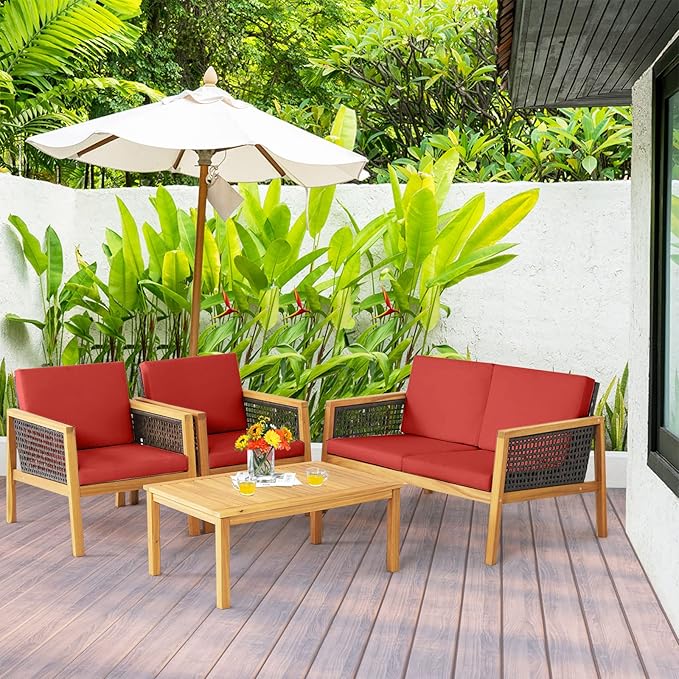 HAPPYGRILL 4 Pieces Patio Conversation Set Acacia Wood Furniture Set with Coffee Table, PE Rattan Wicker Sofa Set with Soft Cushions for Outdoor Garden Deck Poolside