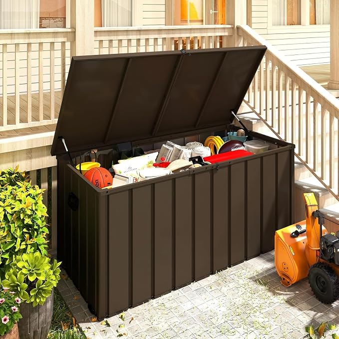 200 Gallon Outdoor Storage Deck Box, Durable Steel Storage Deck Box with Lockable Lids, Large Patio Storage Bin for Indoor Outdoor Use, Throw Pillows & Garden Tools, Dark Brown