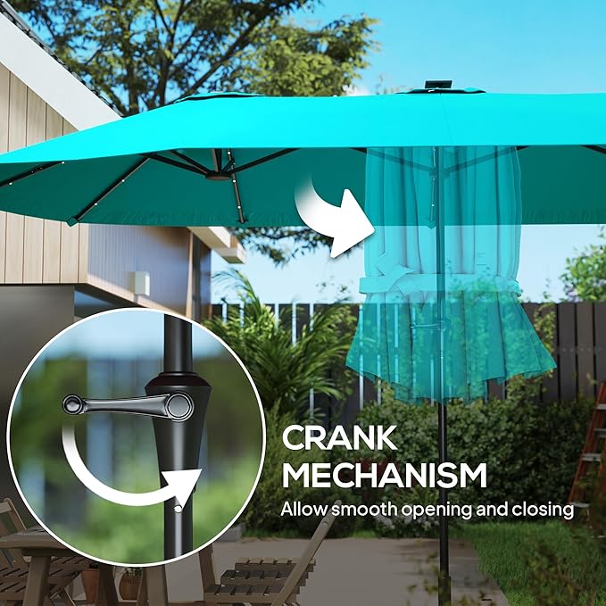 Outsunny 13ft Large Patio Umbrella with Solar Lights, Rectangular Double-Sided Outdoor Market Umbrella with Crank Handle and 48 LED Bulbs for Garden, Pool and Backyard, UPF 30+