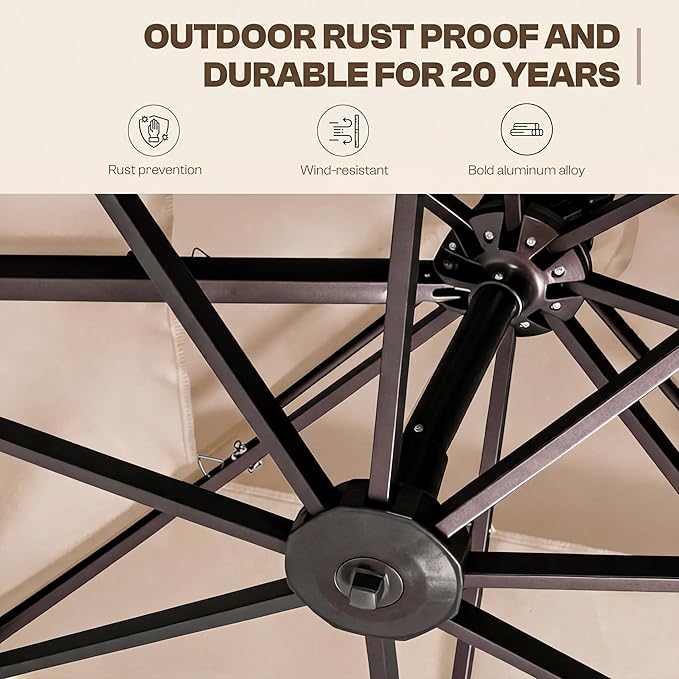 Kingdura 9ft Cantilever Patio Umbrella with Base Included & Solar Lights, Large Round Metal Outdoor Offset Umbrella with 360-degree Rotation, 4 Position Tilt, UV Protection for Pool Deck Patio (Beige)