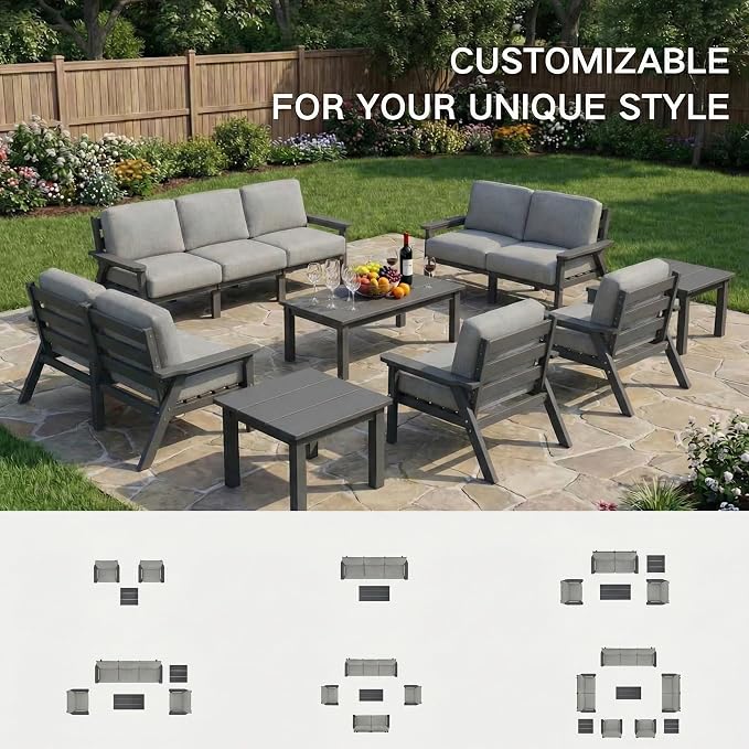 Kingdura HDPE Patio Furniture Set, 9 Piece Outdoor Sectional Sofa with Coffee Table & Side Table, All Weather Outdoor Couch Conversation Set with Washable Cushions for Backyard Poolside Balcony