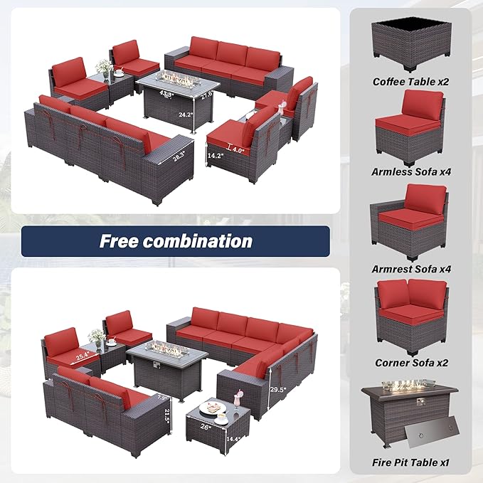 Patio Furniture Sectional Sofa Set 13PCS PE Rattan Patio Conversation Set w/43in Gas Fire Pit Table, Outdoor Furniture with 55000 BTU Propane Fire Pit, Red