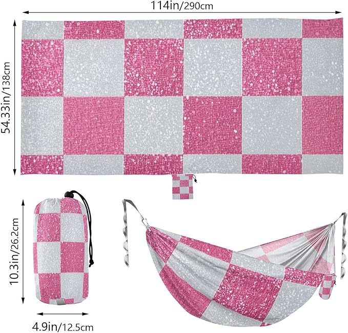 Fake Glitter Checkerboard Squares White Pink 330lb Capacity Outdoor Hammocks with Tree Straps Fabric Hammock for Camping Travel Accessories hamacas para adultos 2 Personas