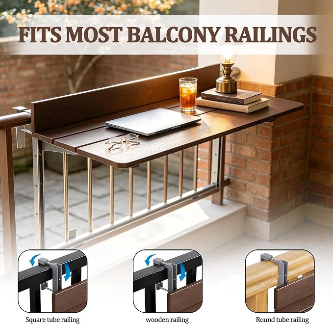 Balcony Bar Table for Railings, Outdoor Hanging Folding Adjustable Height Deck Rail Table for Patio, Garden, Rustproof Aluminum Alloy Frame,Weather Resistant, Easy Assembly