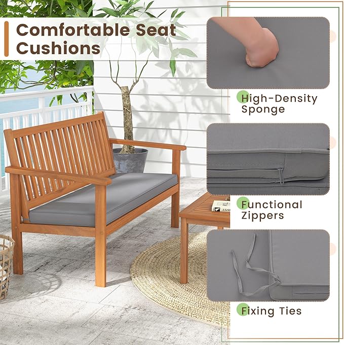 Tangkula 4 Piece Patio Wood Furniture Set, Acacia Wood Sofa Set w/Loveseat, 2 Chairs & Coffee Table, Soft Seat Cushions, Outdoor Wood Furniture Set for Porch, Yard, Balcony (Gray)