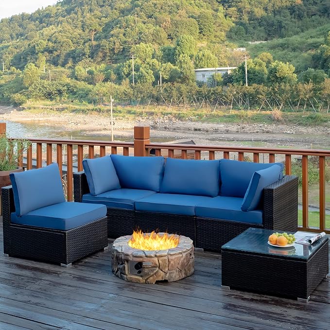 COSTWAY 5-Piece Outdoor Patio Furniture Set, PE Rattan Sofa Chairs with Cushions and Tempered Glass Coffee Table, Conversation Sofa Set for Backyard Garden (Navy)
