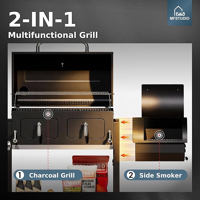 MFSTUDIO 49" 2 in 1 Charcoal Grill & Smoker Combo, Outdoor Grill with Enamel Coated Charcoal Tray, 1015 SQ.IN Cooking Area, Adjustable Top Vent and Chimney for Outdoor Grilling