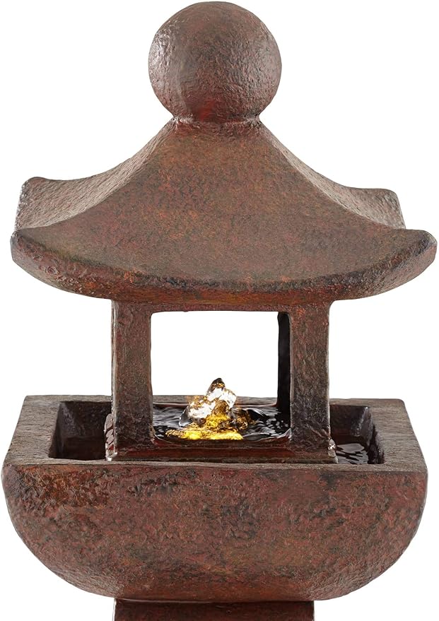 Pagoda 31" High Large Zen Japanese Indoor Outdoor Decor Rust Stone Floor Fountain with Light LED Standing Waterfall Water Feature for Outside Garden Patio Yard Backyard Porch Deck - John Timberland