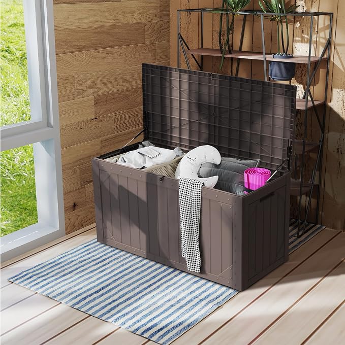Outdoor Storage Box 100GAL Waterproof Resin Deck Box,UV-Resistant Lockable Package Delivery Bin for Garden Tools,Large Patio Outside Cushions,Pool Accessories Supplies,Chest,Furniture,Brown