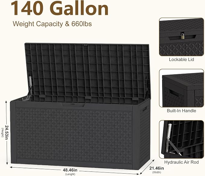 140 Gallon Outdoor Storage Box, Large Resin Deck Box, Waterproof Lockable Storage Container, Storage Bins with Lids for Patio furniture, Garden Tools, Black