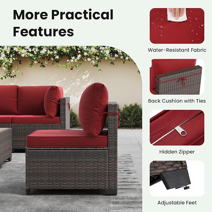 Soohow 7-Piece Patio Furniture Set, Outdoor Conversation Set, Thickened All-Weather Rattan Sectional Sofa with Tempered Glass Table for Garden, Porch, Backyard - Wine Cushions