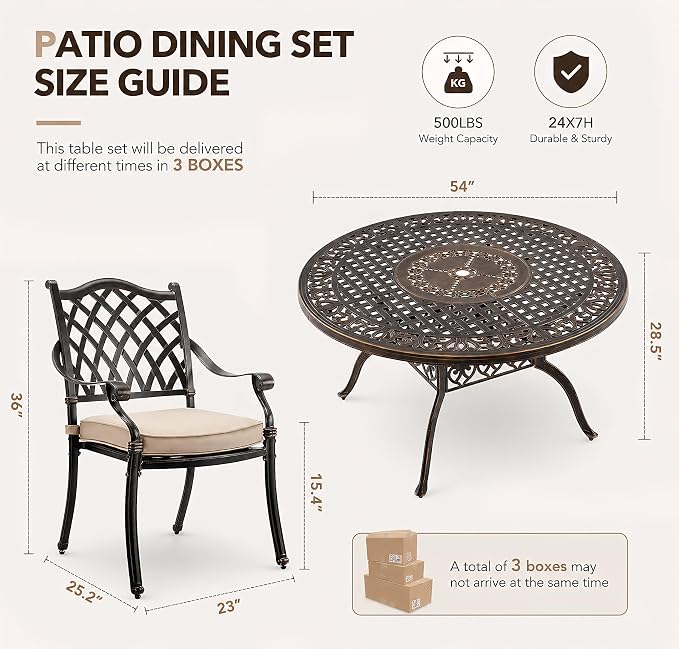 5 Piece Outdoor Dining Set Cast Aluminum, Retro Patio Dining Furniture Set for 4 Includes 54’’ Round Table 4 Chairs with Thicker Cushion and Umbrella Hole for Patio Deck Garden