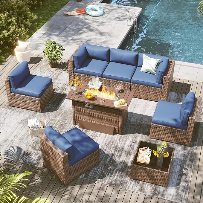 LazySunsets 8 Piece Outdoor Patio Furniture Set with 44'' Fire Pit Table, Outdoor Patio Furniture Set with Waterproof Cover, Wicker Rattan Outdoor Conversation Set for Backyard & Garden, Blue