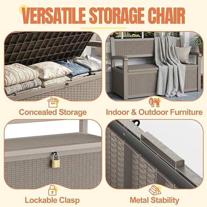 Storage Bench Outdoor Deck Box,100 Gallon Waterproof & UV Resistant Lockable Patio Furniture Seating.Indoor/Outdoor Shoe Storage Cabinet for Garden Cushions,Tools,Patio,Pool Supplies