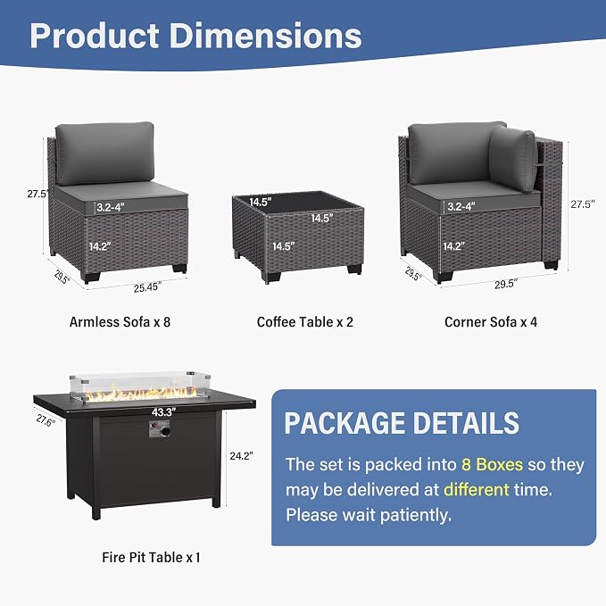 ALAULM 15 Pieces Patio Furniture Set with Aluminum Fire Pit Table Outdoor Furniture Sets 55000BTU Gas Fire Pit Brown PE Rattan Wicker Patio Conversation Sets w/12 Cushions (Grey)