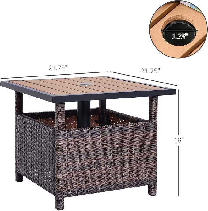 Outsunny 22" Outdoor Side Table with Umbrella Hole, Rattan Wicker End Table with Sand Bag and Steel Frame for Patio, Garden, Backyard, Brown & Light Yellow