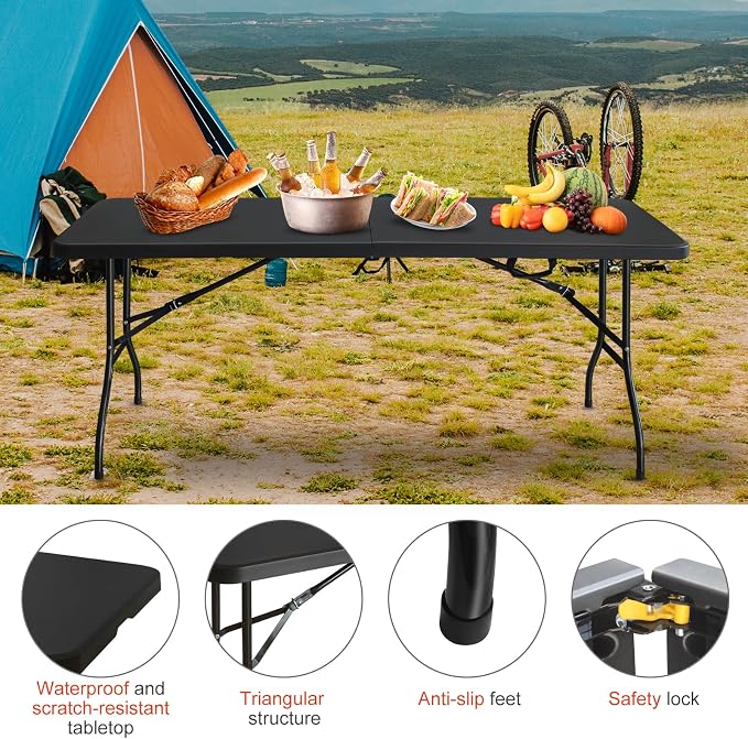 Portable 6Ft Folding Table, Heavy Duty Plastic Fold-in-Half Utility Foldable Dining Table, Multi-Purpose Plastic Folding Table with Carrying Handle for Camping and Party Indoor/Outdoor (Black)