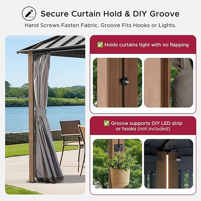 SUNJOY Kingston 14' x 12' Hardtop Gazebo with Curtain, Netting and Galvanized Steel Double Roof, Woodgrain Finish Aluminum Posts Permanent Pavilion Gazebo for Garden, Patio, Deck, Lawn