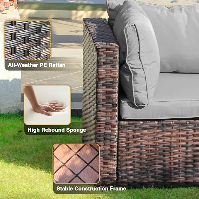 3 Piece Patio Furniture Set All Weather PE Rattan Outdoor Sectional Sofa Couch with No-Slip Cushions and Glass Top Table for Garden, Poolside, Backyard (Gray)