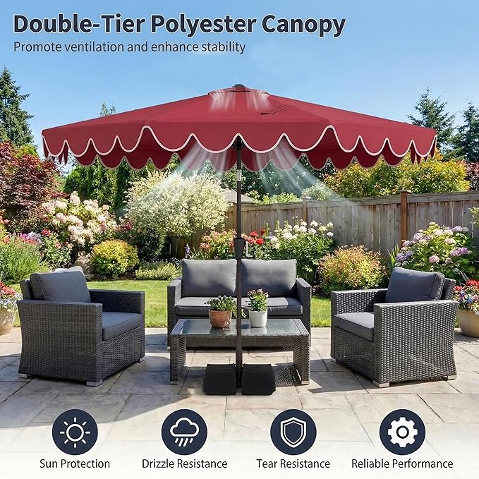Happygrill 10 FT Patio Umbrella with Weighted Base Included, Outdoor Market Umbrella w/Push Button Tilt & Crank, 8 Heavy-Duty Metal Ribs, Air Vent, Sunshade Canopy for Garden Deck Pool Backyard (Wine)