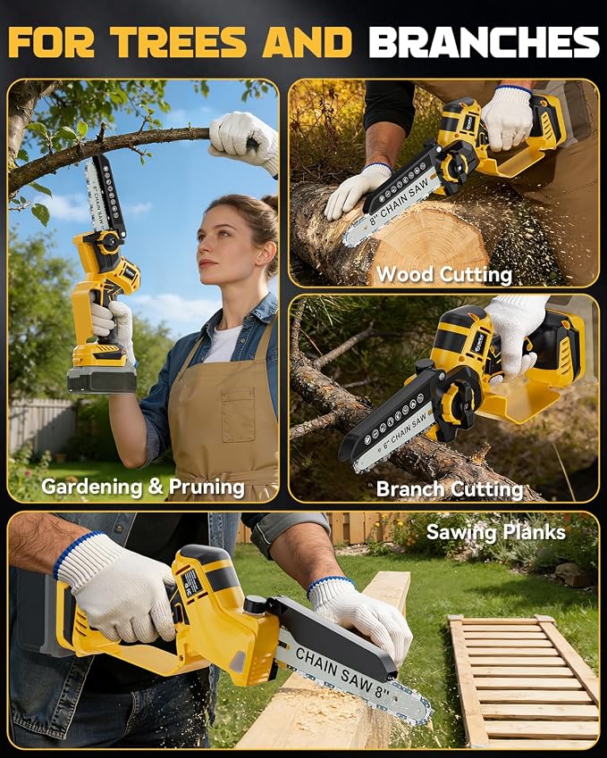 Ecarke Mini Chainsaw Compatible with Dewalt 20V, 8 Inch & 6 Inch Cordless Chain Saw Brushless, Electric Hand Tree Saw 2-IN-1 for Garden Tools, Branch Wood Cutting, Tree Trimming, Man Women (Tool Only)