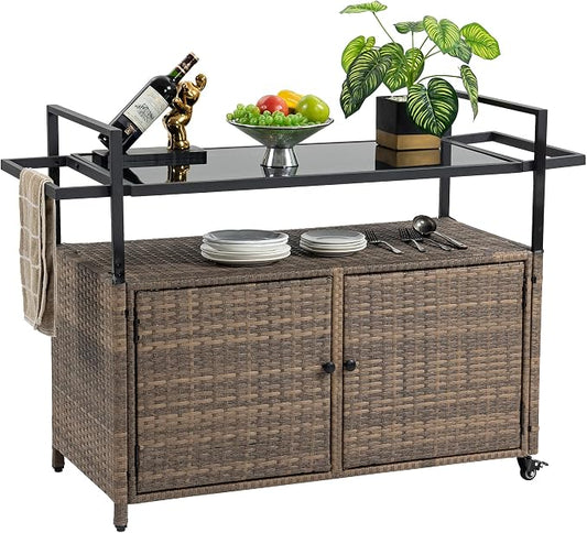 Outdoor Kitchen Island Wicker Rattan Bar Table, Glass Top Patio Serving Cart Rolling Bar Cart with 2-Tier Shelf & Cabinet for Patio Poolside Party (Light Brown)
