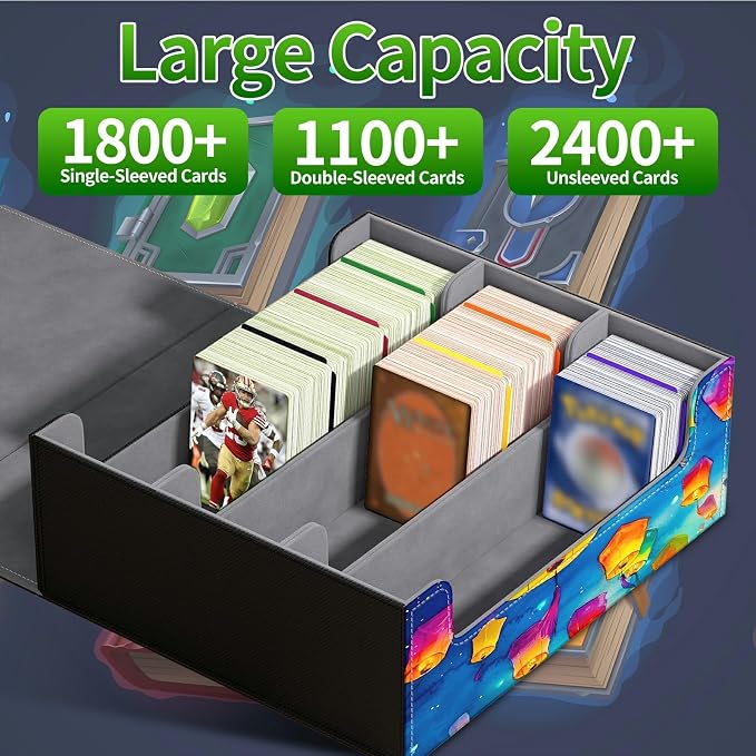 Card Deck Box for MTG, Cards Storage Box Fits 120+ Sleeved, Leather Big Size Strong Magnetic Closing Case for Board Games Magic TCG CCG Baseball Collection Women Man, Blue Lantern