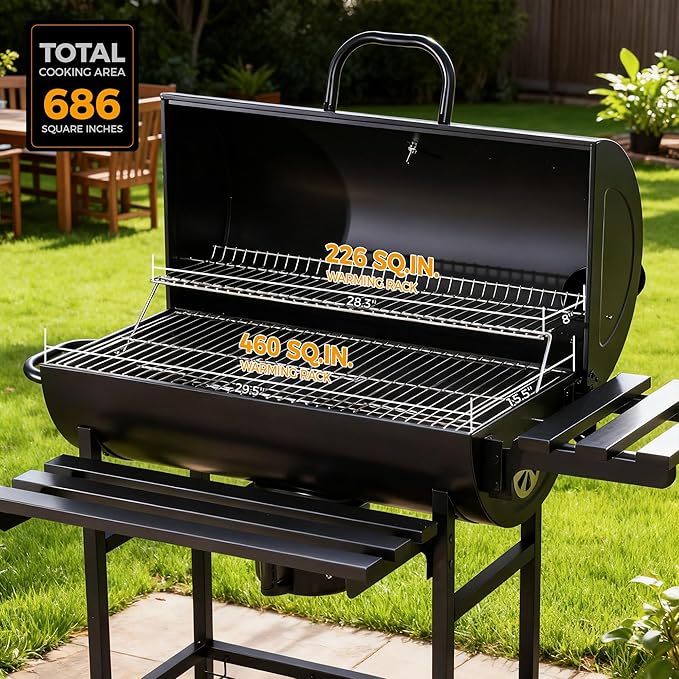 MASTER COOK Barrel Charcoal Grill with Foldable Front Shelf, 686 Sq.in. Cooking Area Outdoor bbq Grill,Thermometer and Adjustable Air Vents for Patio, Parties,Backyard, Tailgating, Black