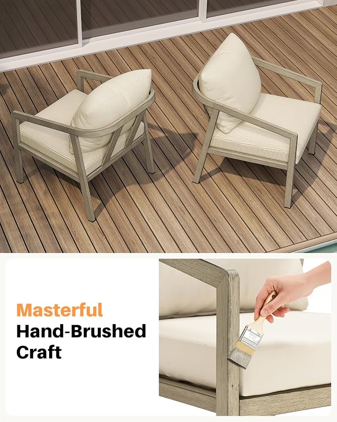 Patio Sofa Chairs Set of 2, Never-Rust Aluminum Outdoor Armchair with Thick Cushions, All Weather 2 Pieces Outdoor Club Chairs, Outdoor Sofa Chairs for Deck, Backyard, Porch, Gray Oak