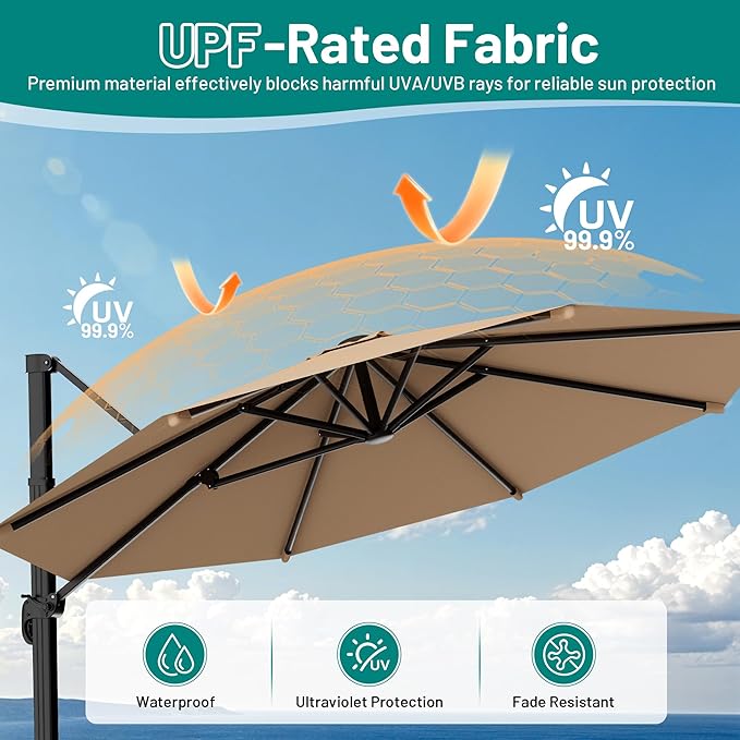 AreShark 10FT Cantilever Patio Umbrella, 360-Degree Rotation Round Hanging Offset Umbrella with Crank, Heavy Duty Patio Umbrella for Patio, Pool, Garden, Deck, Beige