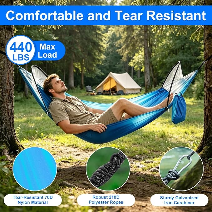 Camping Hammock with Mosquito Net, 3 in 1 Portable Hammock Tent 440lbs Capacity Attached Storage Pocket Single Nylon Hammock Set for Outdoor Travel Camping Hiking Backpacking (RoBlue SkyBlue)