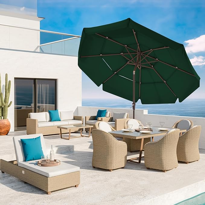 JEAREY 3 Tiers 9 FT Patio Umbrellas Outdoor Table Umbrella with Push Button Market Umbrella 8 Sturdy Ribs UV Protection Waterproof for Garden,Dark Green