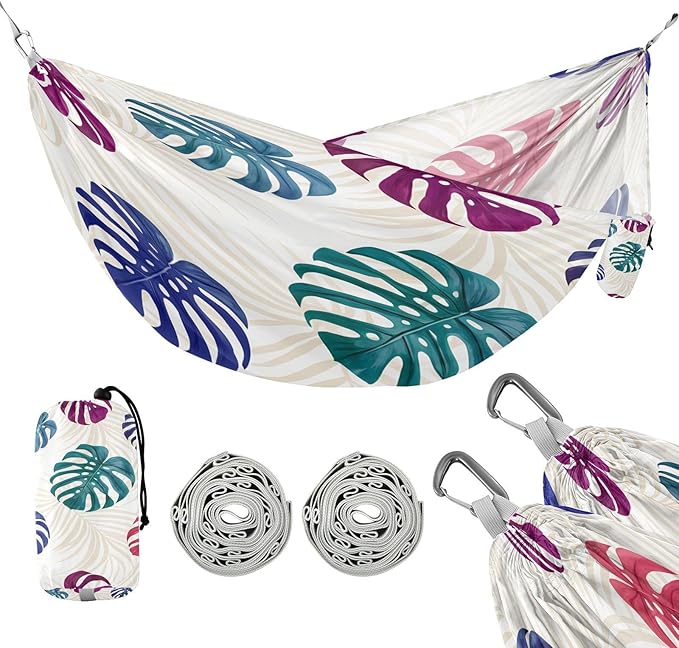 Hammocks for Outside Tropical Monstera Leaves Camping Hammock Portable Hammocks with Tree Straps and Carry Bag Camping Accessories for Hiking Beach Outdoor