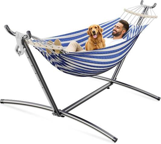 ANAGOO Double Hammock, Heavy Duty Portable, 500 lb Weight Capacity, Perfect for Both Indoors and Outdoors, 2 Person Hammock with Carrying Bag, Blue White