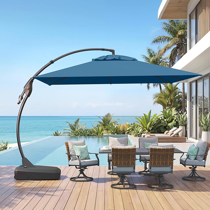 Grand patio Sunbrella 10x10 FT Cantilever Umbrella with Base Included Patio Square Aluminum Offset Umbrellas for Outdoor Pool (Sapphire Blue, 10X10 FT-SUNBRELLA)