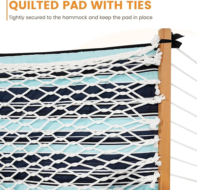 Lazy Daze Hammocks Rope Hammock with Pad, Spreader Bar, Carabiners, Tree Straps, Chains for Outside Patio- Max 450 Lbs, Aqua Navy
