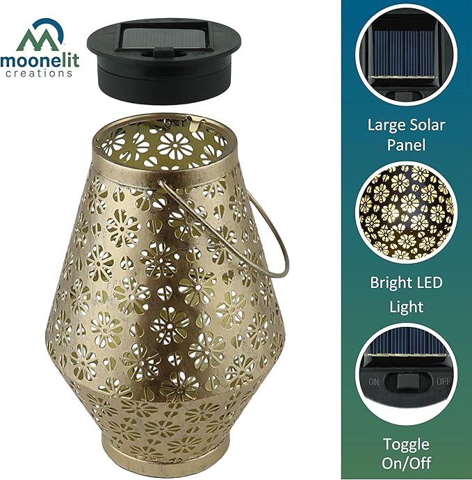 MCSLNT1 Solar Outdoor Hanging Lantern Light, Metal Flower Pattern Decorative LED Light for Garden Lawn Patio Pathway Tabletop Décor