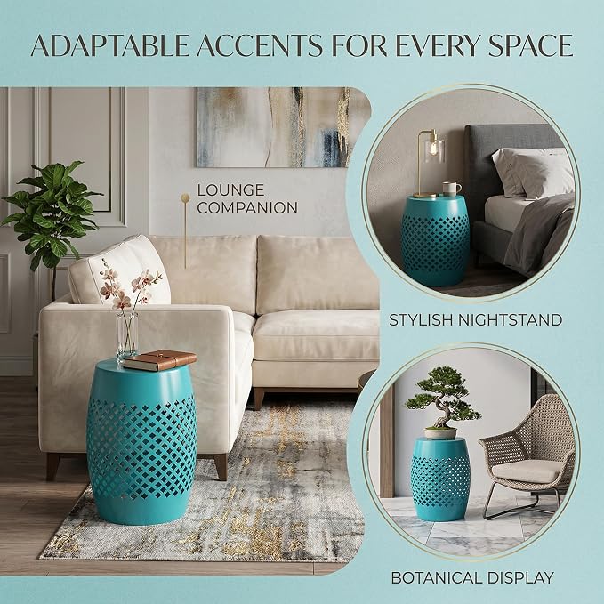 Teal Steel Outdoor Side Table, 12.5" Round Hollow Drum Patio End Table with Geometric Lattice Design, Decorative Metal Accent Table for Garden, Balcony, Living Room, No Assembly