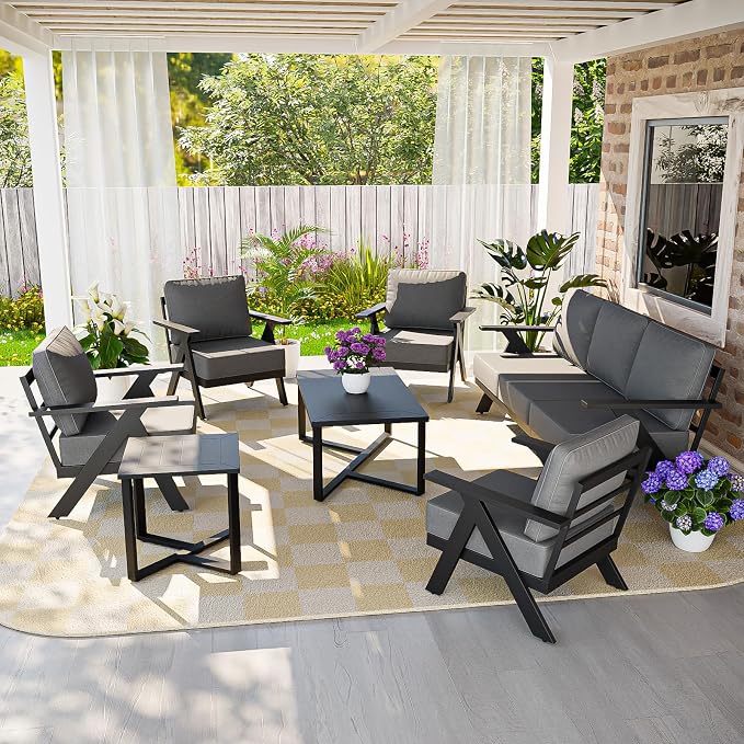 COOS BAY Iron Luxe 7 Piece Outdoor Patio Furniture Set, Modern Patio Conversation Set with 4 Patio Chairs, a 3 Seat Couch, Coffee Table & Side Table for Deck, Garden, Porch, Black/Gray