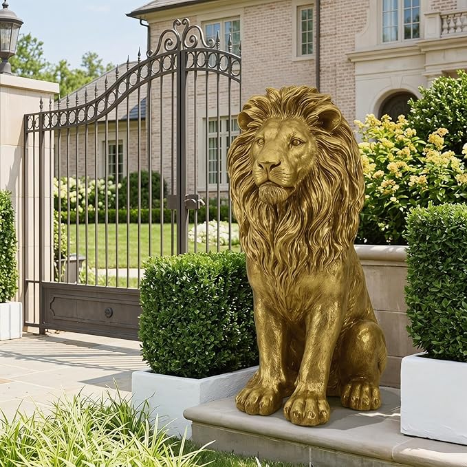 24" Majestic Lion Garden Statue, Gold | Regal Guardian Sculpture, Front Entry & Patio, Golden Resin, Weighted Base for Stability