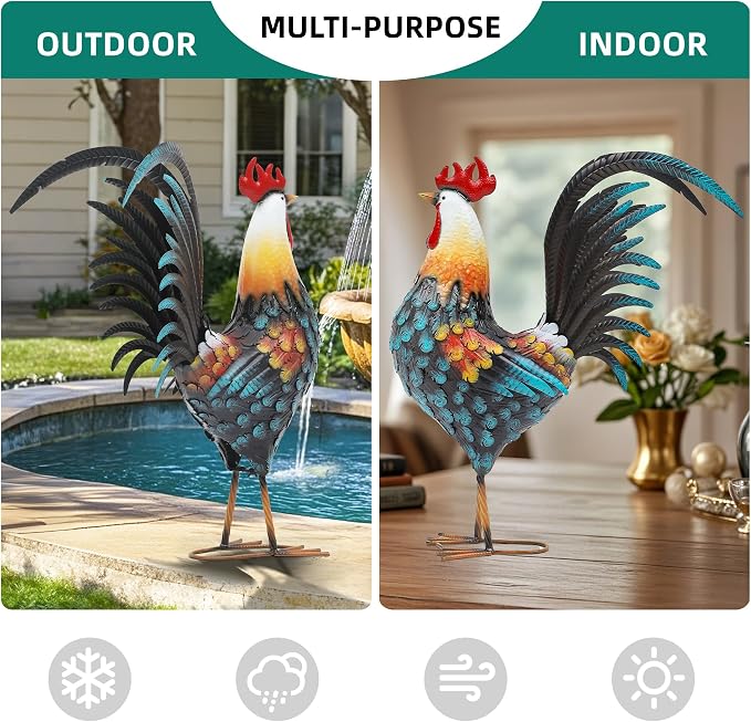 32" Majestic Metal Rooster Yard Decor, Large Outdoor Garden Statue | Outdoor Chicken Sculpture, 3D Hand-Painted, Rustic Farmhouse Style, Weather-Resistant Iron, Backyard Patio Lawn Garden