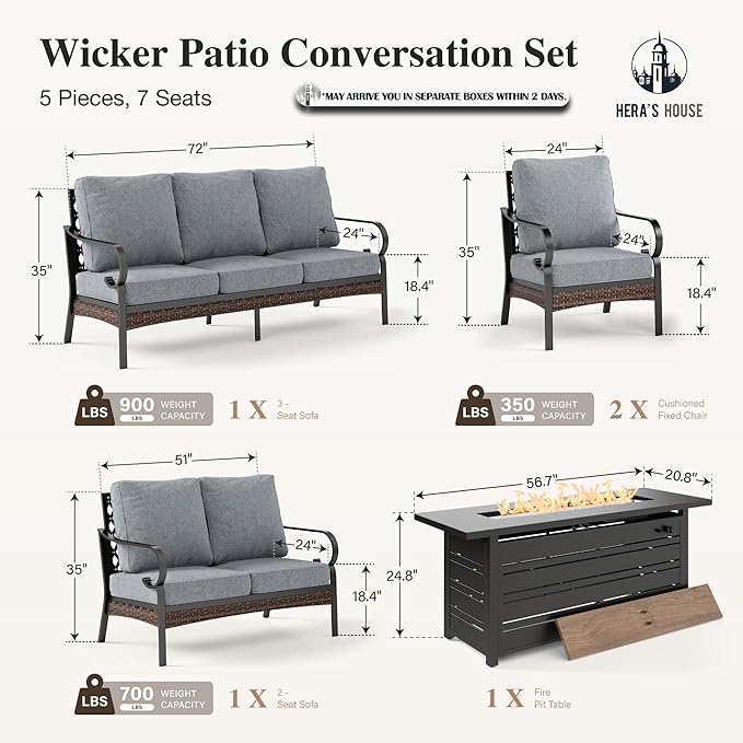 HERA'S HOUSE 5 Piece Metal Patio Furniture Set with 56" Fire Pit Table, All Weather Outdoor Conversation Set, 3 Seat Sofa with Loveseat, 2 Fixed Chairs, Seats 7 for Backyard, Garden, Deck, Grey