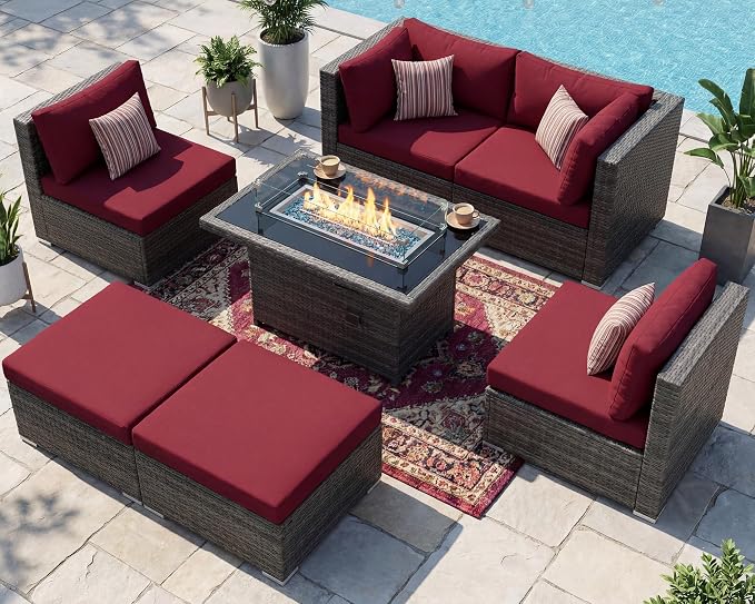 RADIATA 7 Piece Wicker Patio Furniture Set with Fire Pit, All-Weather Outdoor Sectional Couch High Back Large Size, Modular Backyard Seating Sofa Set with Propane/Natural Gas Firepit Table, Grey&Red