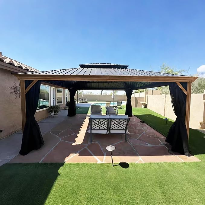 PURPLE LEAF 14' X 16' Outdoor Hardtop Gazebo for Patio Galvanized Steel Double Roof Permanent Canopy Teak Finish Coated Aluminum Frame Pavilion Gazebo with Netting