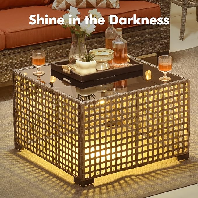 6-Piece Outdoor Patio Furniture Set with Glowing Coffee Table,All Weather Wicker Rattan Patio Seating Sofa and Chair Set with Ottomans,Outdoor Conversation Sets for Porch Deck Yard,Red