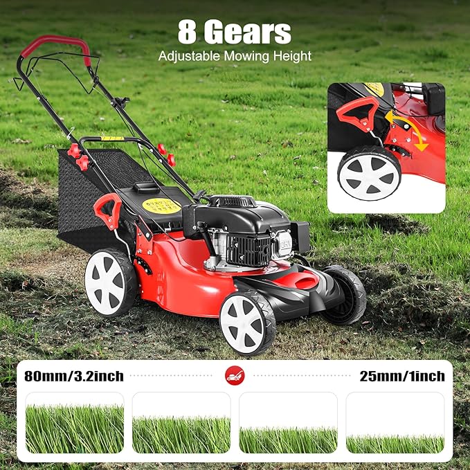 Gas Powered Lawn Mower 20 Inch 173cc 4-Stroke Self-Propelled Gas Powered Lawn Mower Walk-Behind Push Lawnmower with 8-Position Height Adjustment, Bagging, Mulching