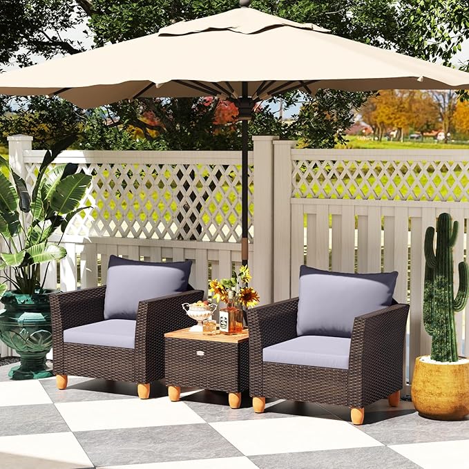 Tangkula 3-Piece Patio Furniture Set, Patiojoy Outdoor PE Wicker Bistro Set with Soft Cushions and Solid Acacia Wood, Outdoor Conversation Set with Porch, Balcony and Garden (Gray)