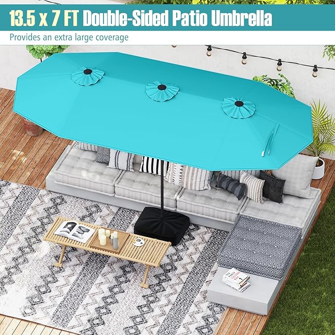 Tangkula 13FT Double-sided Patio Umbrella, Extra Large Twin Table Umbrella with Crank Handle, Umbrella Base, Safety Lock, Air Vent, Outdoor Market Umbrella for Garden Pool Backyard (Turquoise)