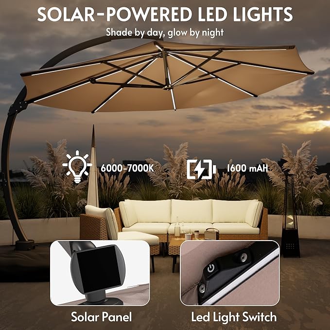 11FT Solar Powered LED Light Cantilever Patio Umbrella with Base Included, Large Cantilever Umbrella with 360°Rotation, Heavy-Duty Offset Outdoor Umbrella for Patio,Pool,Backyard (Champagne)